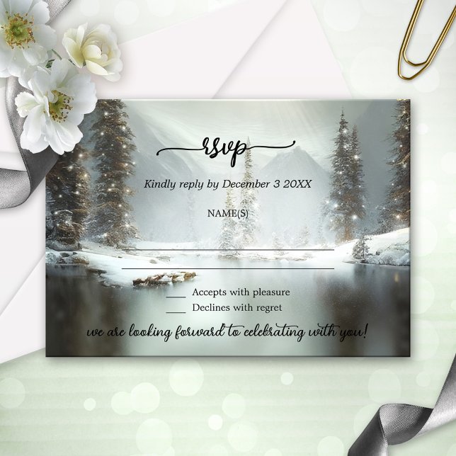 Convite Christmas Winter Wedding RSVP Card (A winter wedding RSVP card featuring a snow covered landscape scene with festive lights.)