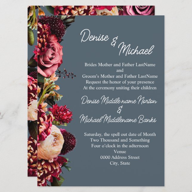 Convite Chrysanthemum em no Teal Meia-Noite (Frente/Verso)