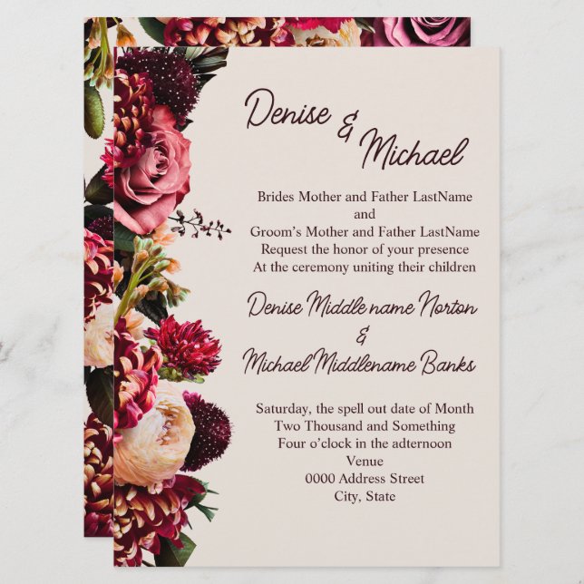 Convite Chrysanthemum em sobre Cameo Beige (Frente/Verso)