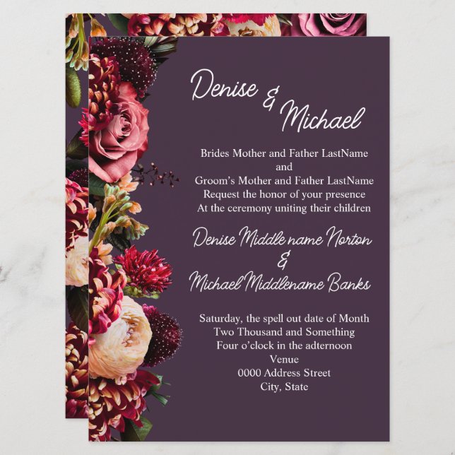 Convite Chrysanthemum na Meia-Noite Plum (Frente/Verso)