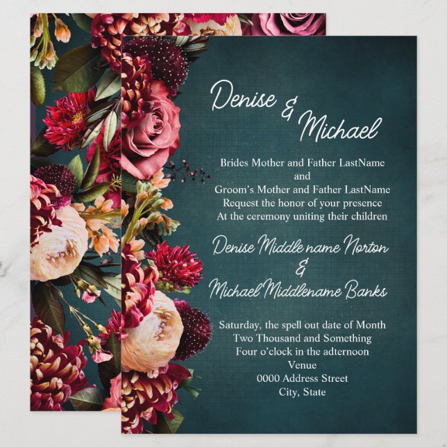 Convite Chrysanthemum no sobre o Casamento Teal (Frente/Verso)