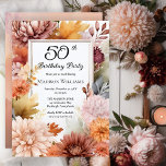 Convite Chrysanthemums Peonies Floral 50th Birthday Party<br><div class="desc">Elegant chrysanthemums and peonies floral design "50th Birthday Party" featuring a floral frame of mums and peony flowers in burgundy,  burnt orange,  apricot and pink on a white background center panel.  Back design features a multi-layered coordinating colors watercolor background</div>