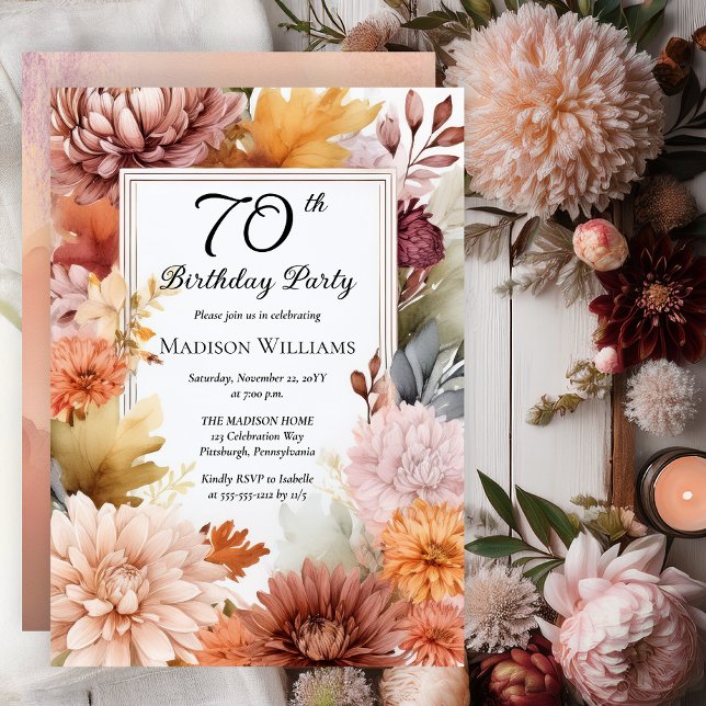 Convite Chrysanthemums Peonies Floral 70th Birthday Party (Elegant Boho Chrysanthemums and Peonies Floral 70th Birthday Party Invitation - Print | Digital)