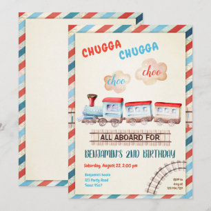 Convite Chugga Choo Vintage Train Boy Red Blue Birday