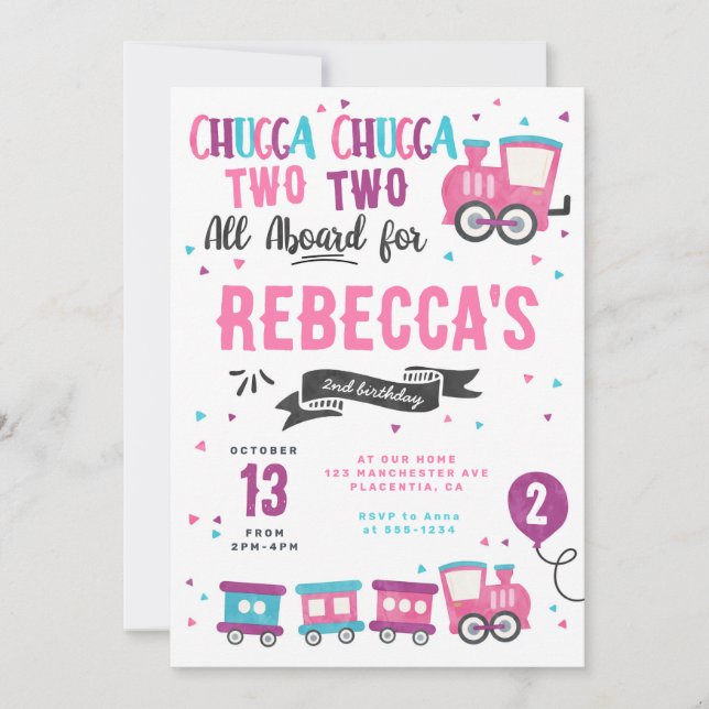 Convite Chugga Chugga Choo choo Girl Train Festa de aniver (Frente)