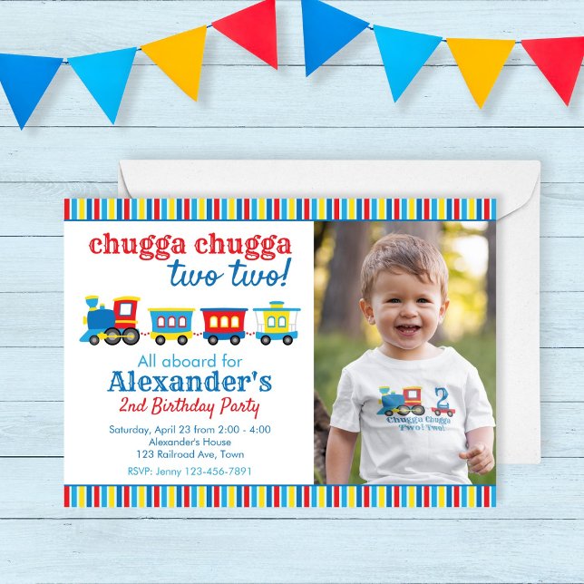 Convite Chugga Chugga Dois Dois Comboios Aniversário (chugga chugga two two! Invitation for a train birthday party for a two year old. primary colors)