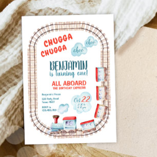 Convite Chugga Trem Choo Boy Red Blue Birday Rails