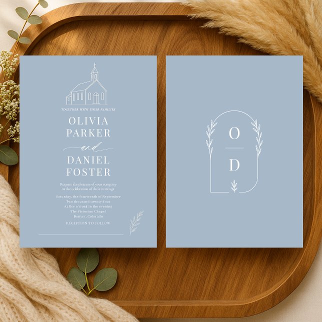 Convite Church Chapel Dusty Blue Line Art Wedding (Criador carregado)