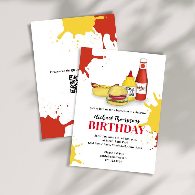 Convite CHURRASCO Birthday Typografia Summer Cookout (Birthday invitation with hamburger, hotdog, ketchup, and mustard. With a scannable QR Code. )