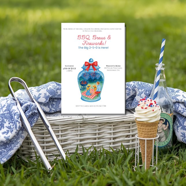 Convite CHURRASCO, Brechas, Ginger Jar do Fireworks 4 de j (A soft, natural light front-view of a 5x7 blank "BBQ, Brews & Fireworks" invitation standing upright)