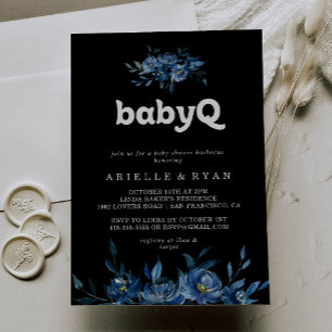 Convite Churrasco de BabyQ Floral Azul Marinho para Chás d