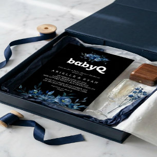Convite Churrasco de BabyQ Floral Azul Marinho para Chás d
