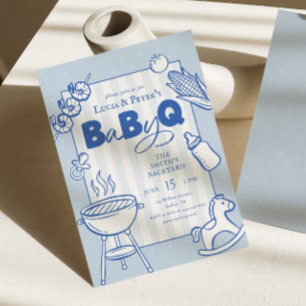 Convite Churrasco de Bolinhas Azuis Casais Baby-Q Chá de B