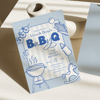 Convite Churrasco de Bolinhas Azuis Casais Baby-Q Chá de B