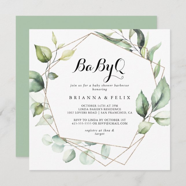 Convite Churrasco de Chá de fraldas Dourado Bebê Elegante  (Frente/Verso)