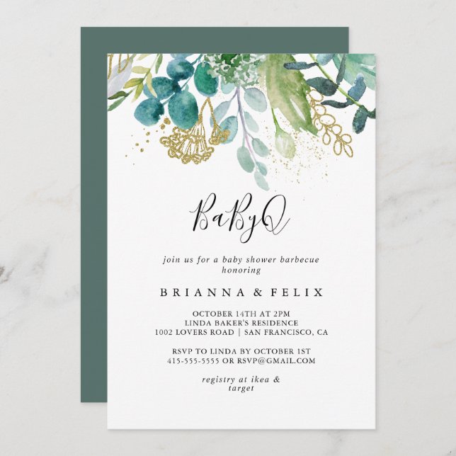 Convite Churrasco de Chá de fraldas Dourado Floral Tropica (Frente/Verso)