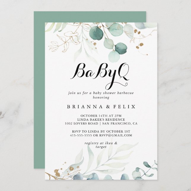 Convite Churrasco de Chá de fraldas Floral Dourado Russo B (Frente/Verso)