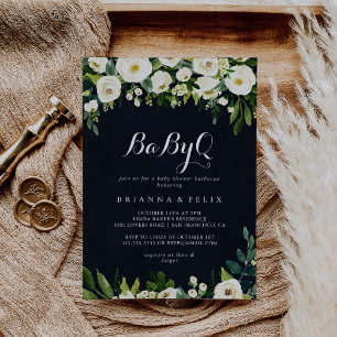 Convite Churrasco de Chá de fraldas Green White Floral Ba