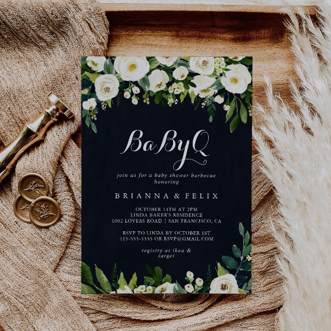 Convite Churrasco de Chá de fraldas Green White Floral Bab (Criador carregado)