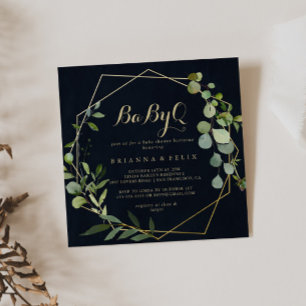 Convite Churrasco de Chá de fraldas Verde Dourado Geomét