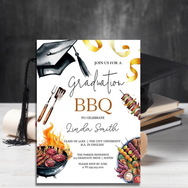 Convite Churrasco de Graduação de Aquarela Elegante (Elegant Watercolor Graduation BBQ Invitation #BBQgraduation #dinnerbbq#dinnergraduation #menuparty )