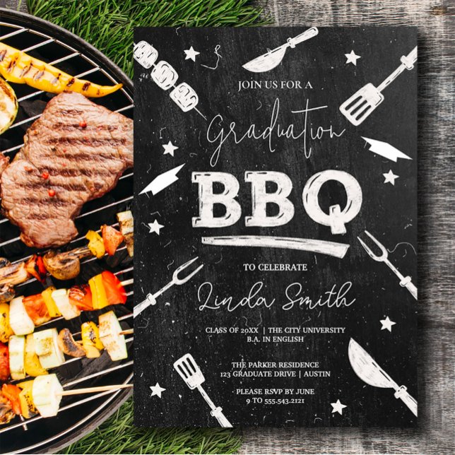 Convite Churrasco de Graduação de Cor Branca Negra (Black White Watercolor Graduation BBQ Invitation #zazzlemade #bbqparty #graduationinvitation)