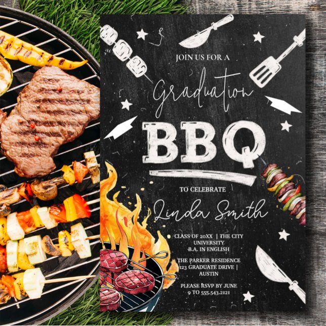 Convite Churrasco de Graduação de Cor Branca Negra (Black White Watercolor Graduation BBQ Invitation #zazzlemade #bbqgraduation #bbqparty #graduate2025)