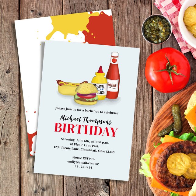 Convite CHURRASCO de Verão festa de aniversário Personaliz (Birthday invitation with hamburger, hotdog, ketchup, and mustard.)