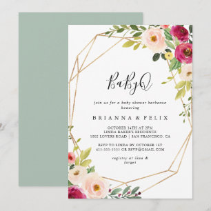 Convite Churrasco do Chá de fraldas Dourado Geometric Gre