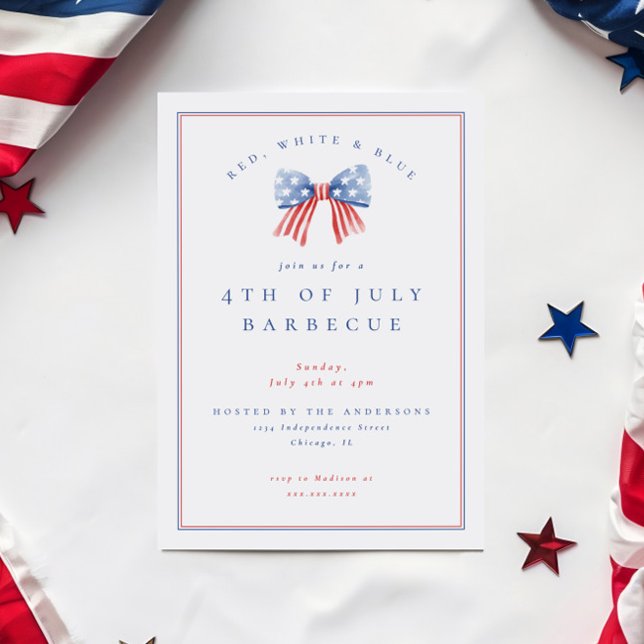 Convite Churrasco do Partido da Independência no Arco 4 de (Preppy sophisticated 4th of july bbq invitation featuring a watercolor bow with the american flag)