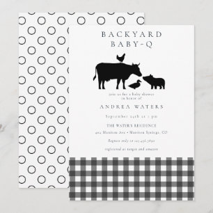Convite Churrasco Gingham Black Chá de fraldas russo