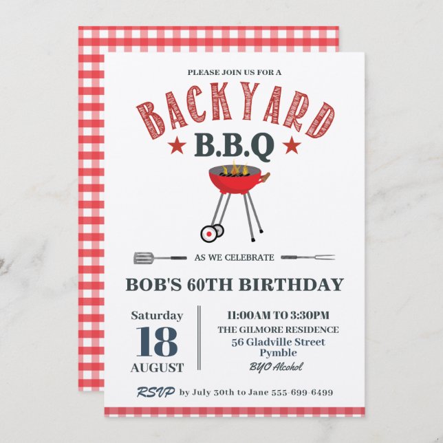 Convite Churrasco Male Birthday Red Gingham Artesanato (Frente/Verso)