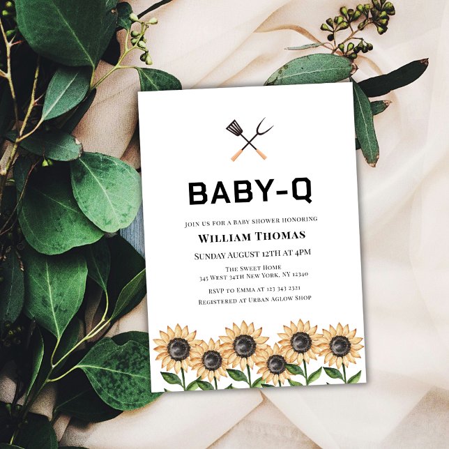 Convite Churrasco minimalista moderno Girassol Chá de fral (Modern Minimalist BBQ Sunflower Baby Q Baby Shower Invitation)