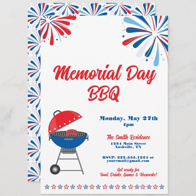 Convite Churrasco Patriótico Vermelho Branco Azul no Dia M (Memorial Day BBQ Party Invitation, MDW Cookout Invite, Patriotic Summer Barbecue Party)
