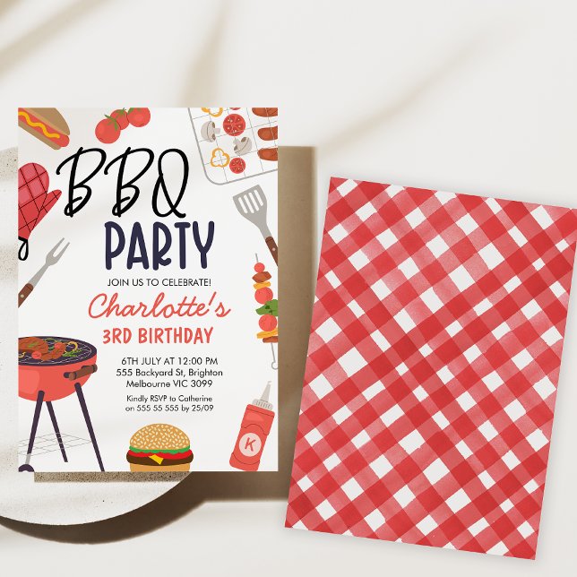 Convite Churrasco Red Oven Mitt Churrasco Vermelho Anivers (Bbq birthday party invitation, Backyard Bbq Birthday Invitation, Gingham, red mitt, Summer Bbq Party)