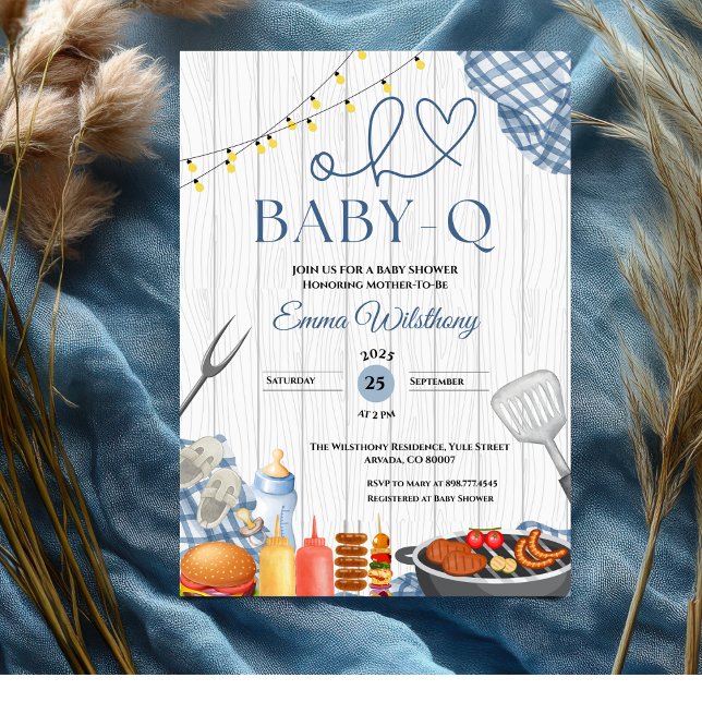 Convite Churrasco Russo Chá de fraldas Baby Q (bbq baby shower invitations blue gingham backyard plaid barbecue rustic country cute boy fun  babyq)