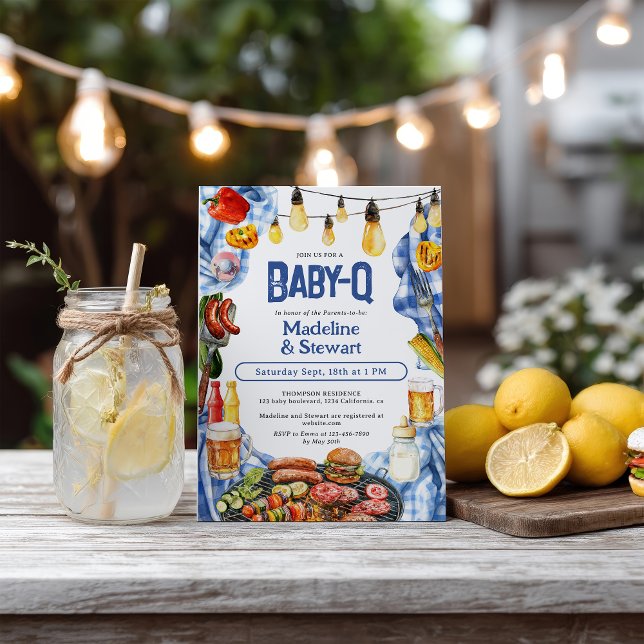 Convite Churrasco Russo Xadrez Azul Chá Baby-Q (Rustic BBQ Summer Blue Plaid Baby-Q Shower Invitation)