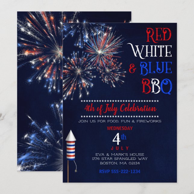Convite Churrasco Vermelho Branco Azul 4 de Julho (Frente/Verso)