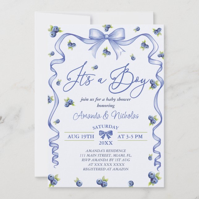 Convite Chuva Azul Baby Shower de Mirtilo (Frente)