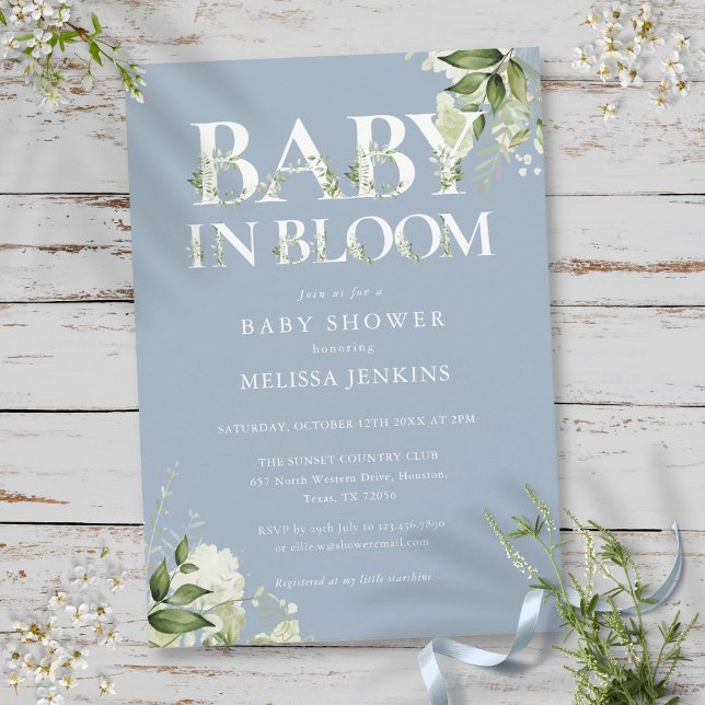 Convite Chuva Azul Bebê em Floração Churrasco de Bebê Vege (Dusty Blue Baby In Bloom Greenery Baby Shower Invitation)