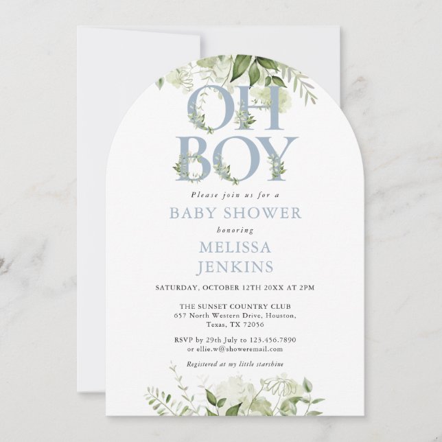 Convite Chuva Azul Botânica Oh Boy Baby Shower (Frente)