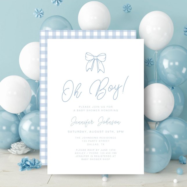 Convite Chuva Azul de Gingham Ótimo Menino Baby Shower (Cute Blue Coquette Bow Boy Baby Shower Invitation)