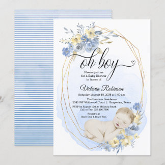Convite Chuva Azul Dourada Baby Shower Menino