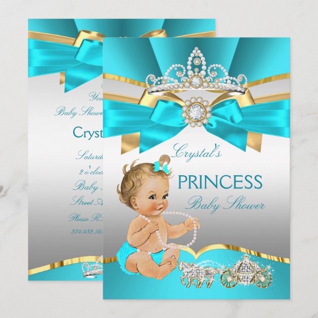Convite Chuva Azul Dourado Princesa Baby Shower Loura (Frente/Verso)