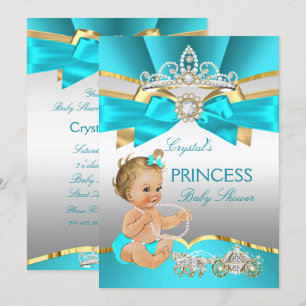 Convite Chuva Azul Dourado Princesa Baby Shower Loura