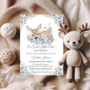 Convite Chuva Azul e Bege Floral Cute Baby Shower do Cervo