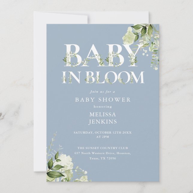 Convite Chuva Azul em Florescimento Código QR Baby Shower (Frente)