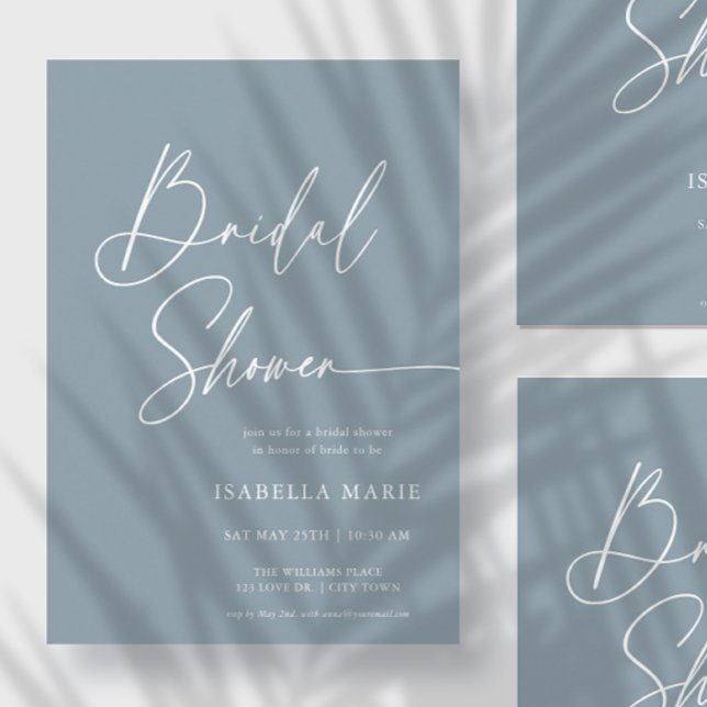 Convite Chuva Azul Moderno Chá de Noiva Elegante (Front of flat 5x7 bridal invitation is shown. Choose size, corner and paper style.)