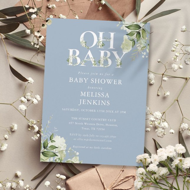 Convite Chuva Azul Oh Bebê Botânico Chuveiro de Bebê (Dusty Blue Oh Baby Botanical Greenery Baby Shower Invitation)