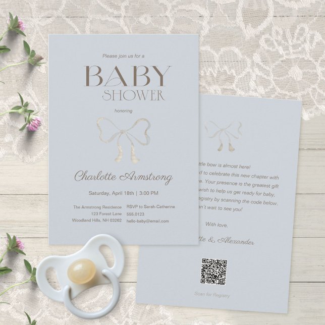 Convite Chuva Azul Profunda e Poeirenta em Aquarela para C (Deep Dusty Blue Watercolor Bow Baby Shower Invitation ©Susanne Sachers - Sunny Mind 🌞)